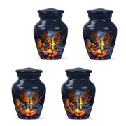 Powder Blue Campfire Cremation Urn side profile showing urn shape - classic sculpted campfire pattern on smooth aluminum - 10 inch aluminum urn for cremated remains