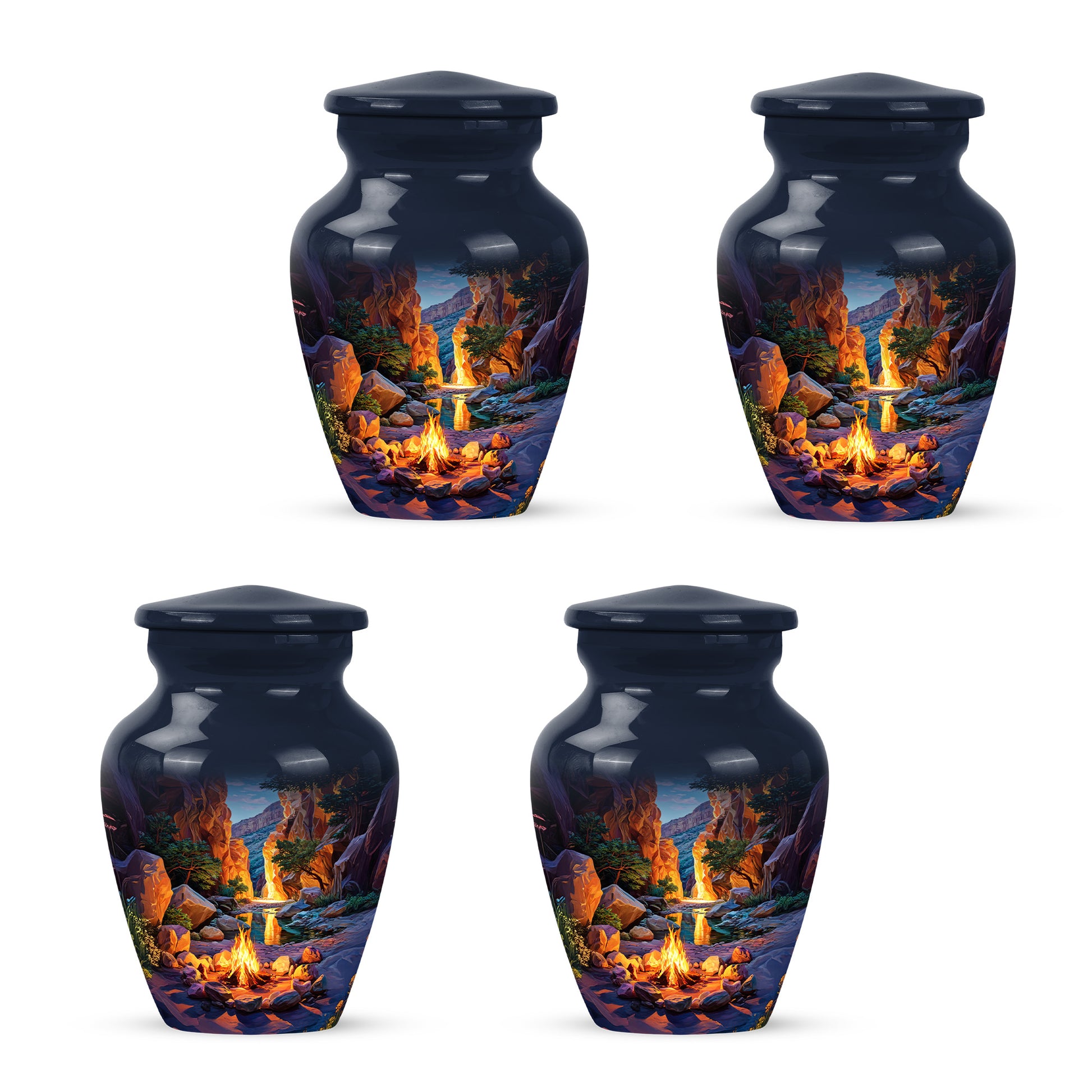 Powder Blue Campfire Cremation Urn side profile showing urn shape - classic sculpted campfire pattern on smooth aluminum - 10 inch aluminum urn for cremated remains