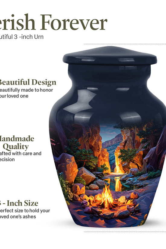 Steel Blue Campfire Cremation Urn close-up of engraving and surface detail - elegant classic campfire relief with fine detailing - mini keepsake memorial for portion of cremation ashes