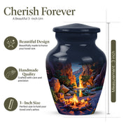 Steel Blue Campfire Cremation Urn close-up of engraving and surface detail - elegant classic campfire relief with fine detailing - mini keepsake memorial for portion of cremation ashes