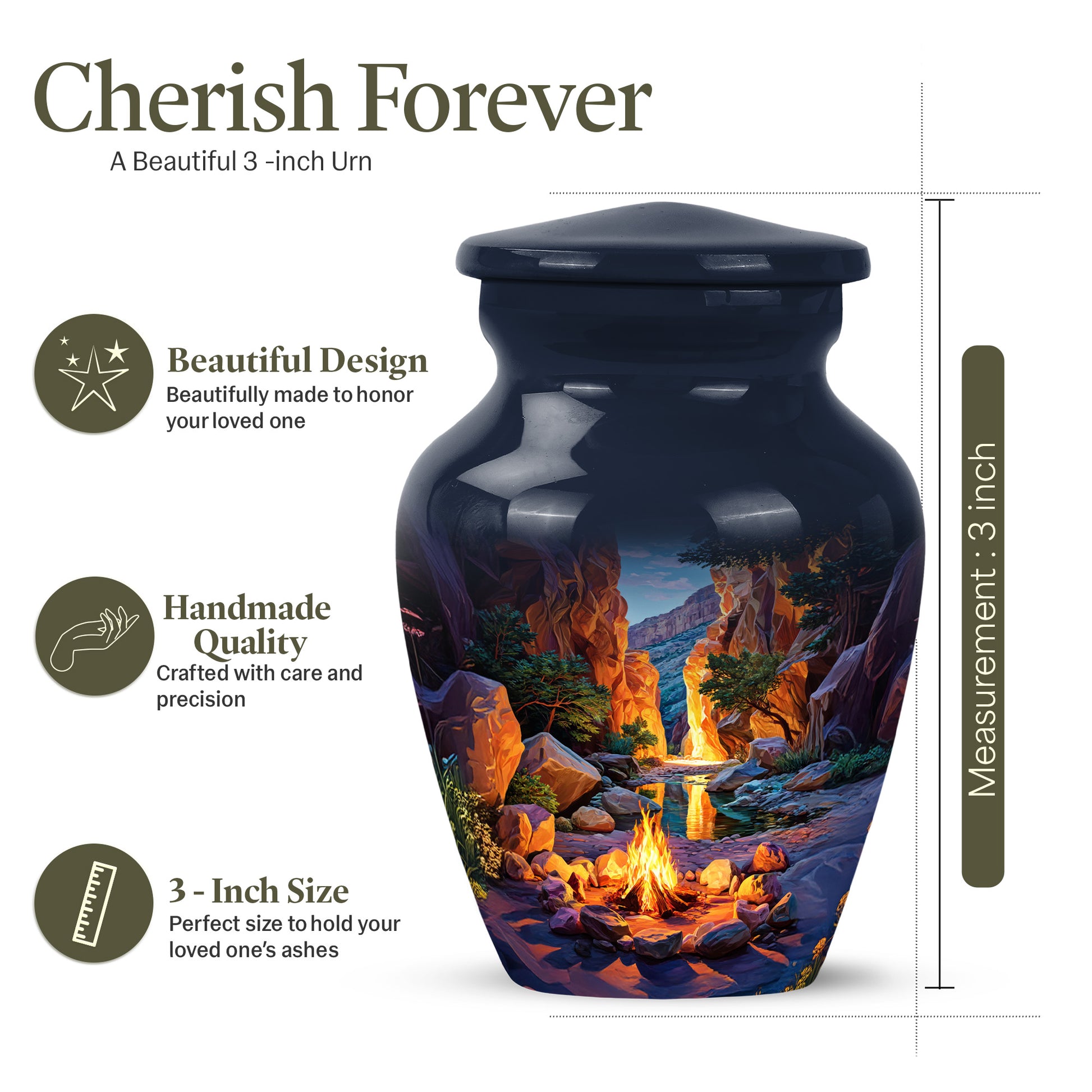 Steel Blue Campfire Cremation Urn close-up of engraving and surface detail - elegant classic campfire relief with fine detailing - mini keepsake memorial for portion of cremation ashes