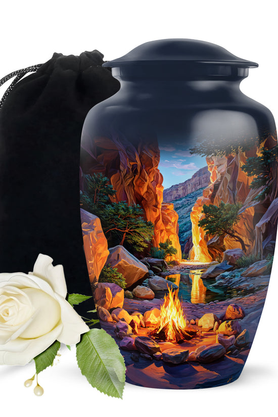 Twilight Blue Campfire Cremation Urn angled view of lid and engraved motif - traditional campfire engraving with hand-polished finish - full-size 10 inch 200 cubic inch adult cremation urn
