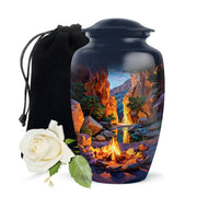 Twilight Blue Campfire Cremation Urn angled view of lid and engraved motif - traditional campfire engraving with hand-polished finish - full-size 10 inch 200 cubic inch adult cremation urn