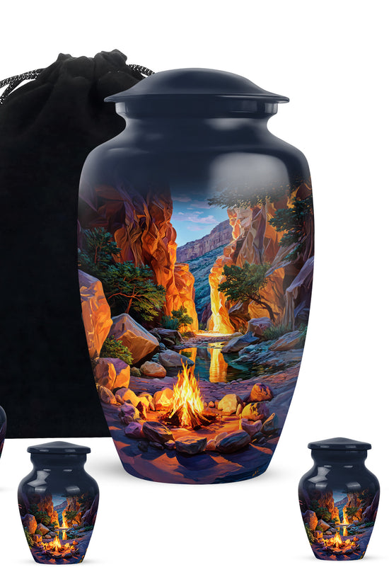Bright Blue Campfire Cremation Urn top-down view of secure threaded lid - elegant classic campfire relief with fine detailing - memorial set with one large and four small urns