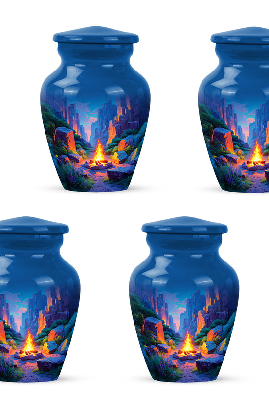 Celestial Blue Campfire Cremation Urn side profile showing urn shape - classic sculpted campfire pattern on smooth aluminum - 10 inch aluminum urn for cremated remains