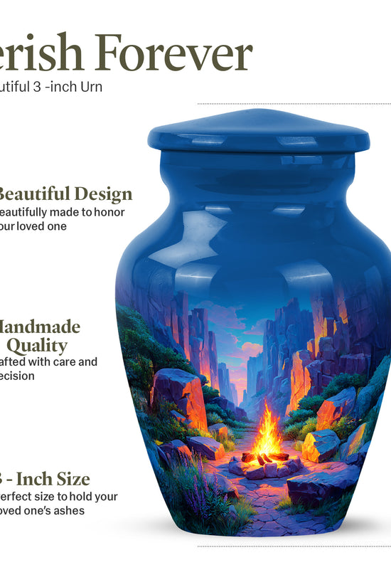 Navy Blue Campfire Cremation Urn close-up of engraving and surface detail - timeless campfire motif etched into premium metal - mini keepsake memorial for portion of cremation ashes