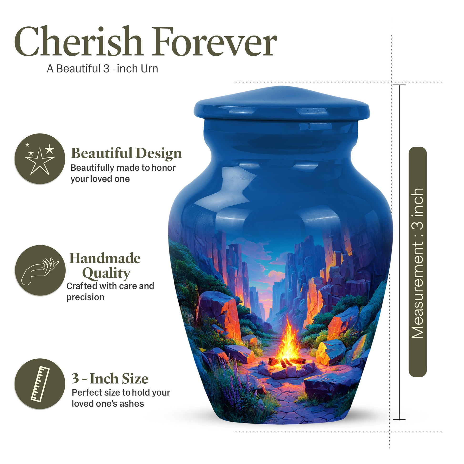 Navy Blue Campfire Cremation Urn close-up of engraving and surface detail - timeless campfire motif etched into premium metal - mini keepsake memorial for portion of cremation ashes