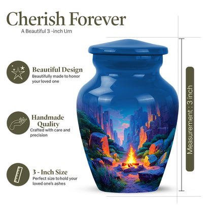 Navy Blue Campfire Cremation Urn close-up of engraving and surface detail - timeless campfire motif etched into premium metal - mini keepsake memorial for portion of cremation ashes