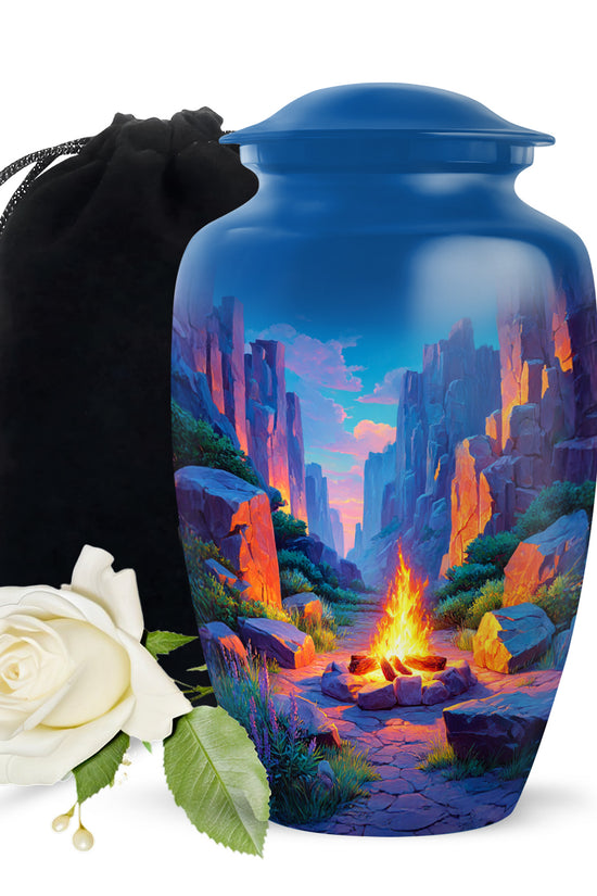 Dusty Blue Campfire Cremation Urn angled view of lid and engraved motif - timeless campfire motif etched into premium metal - full-size 10 inch 200 cubic inch adult cremation urn