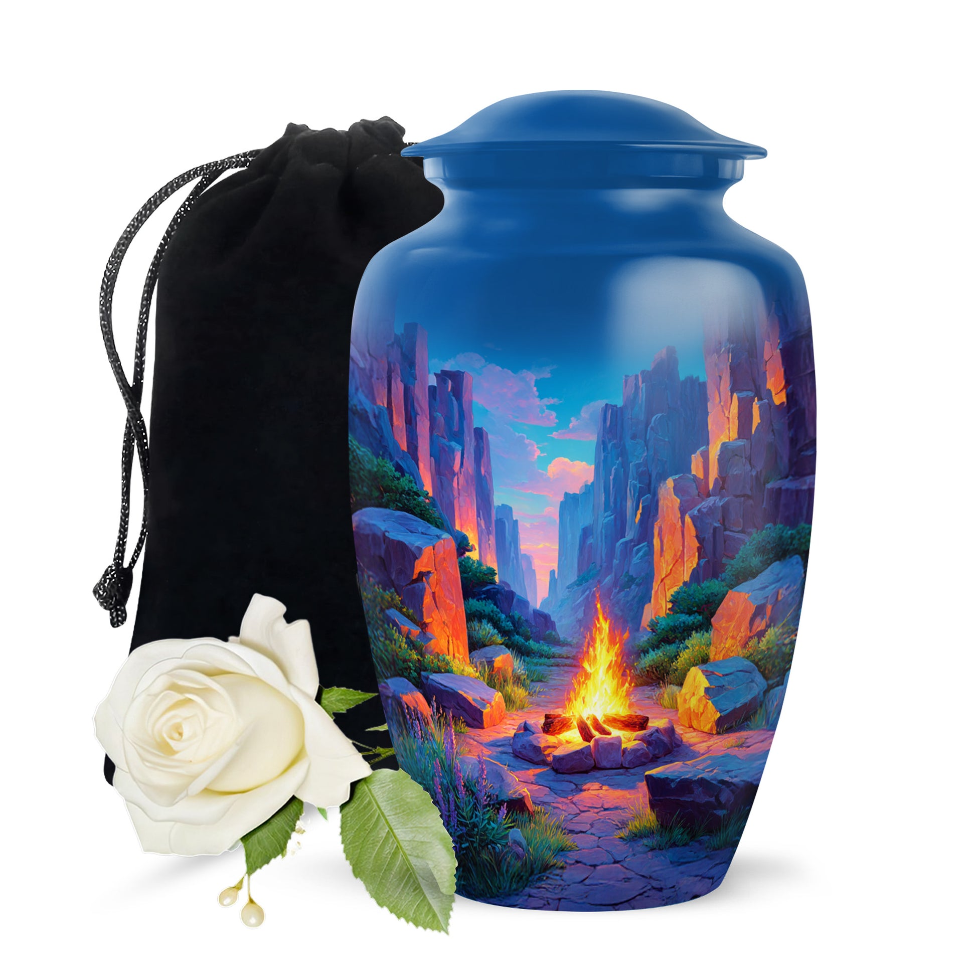 Dusty Blue Campfire Cremation Urn angled view of lid and engraved motif - timeless campfire motif etched into premium metal - full-size 10 inch 200 cubic inch adult cremation urn