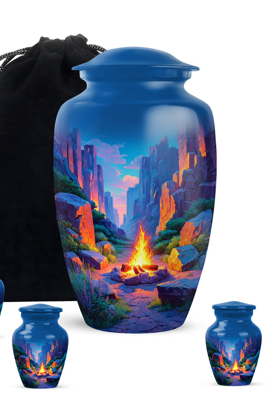 Steel Blue Campfire Cremation Urn top-down view of secure threaded lid - elegant classic campfire relief with fine detailing - memorial set with one large and four small urns