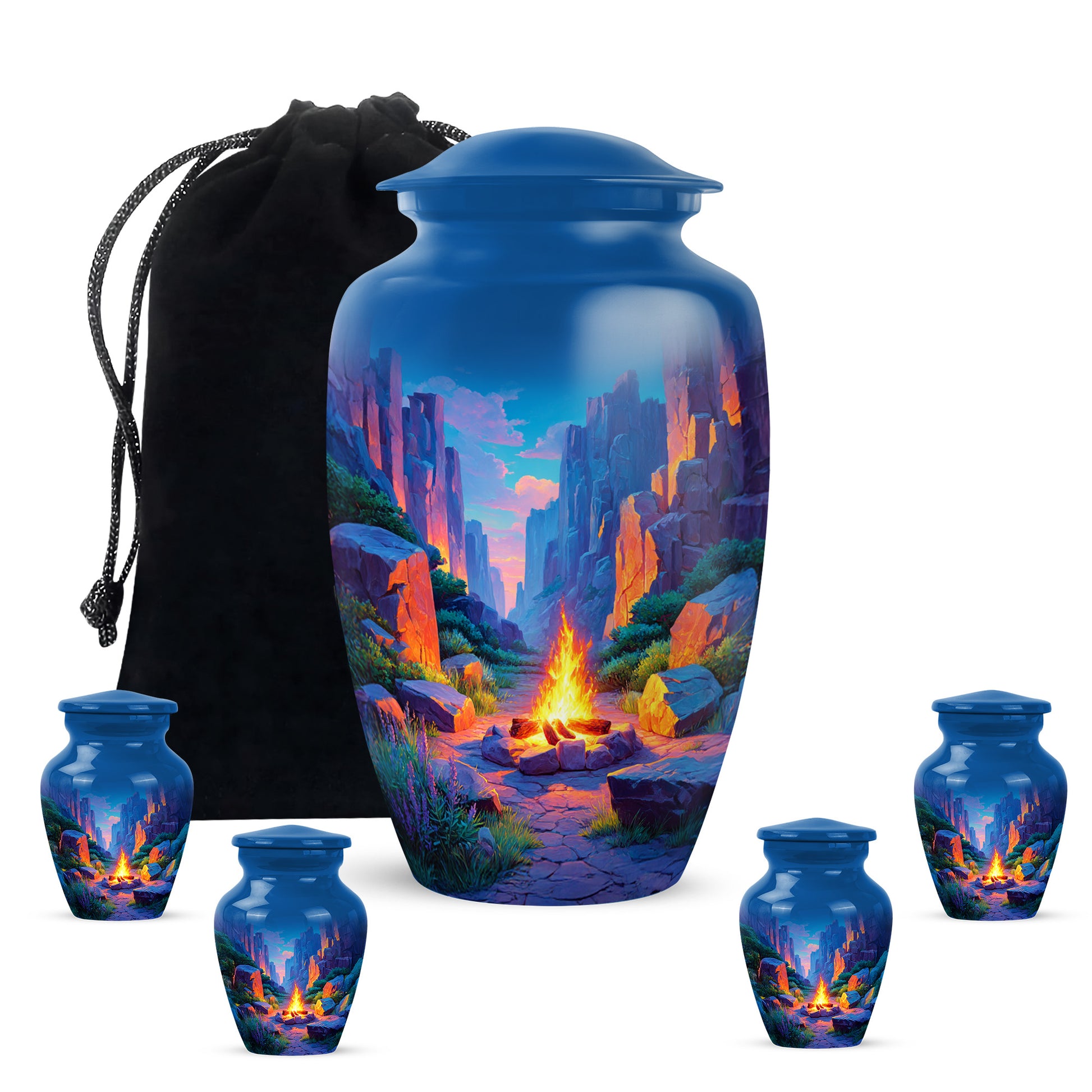 Steel Blue Campfire Cremation Urn top-down view of secure threaded lid - elegant classic campfire relief with fine detailing - memorial set with one large and four small urns