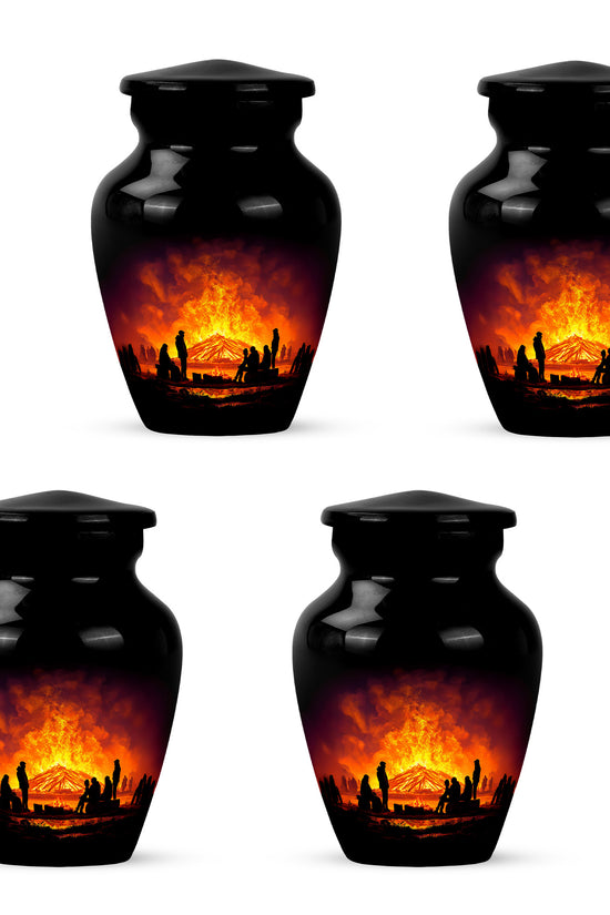 Deep Black Campfire Cremation Urn side profile showing urn shape - classic sculpted campfire pattern on smooth aluminum - 10 inch aluminum urn for cremated remains