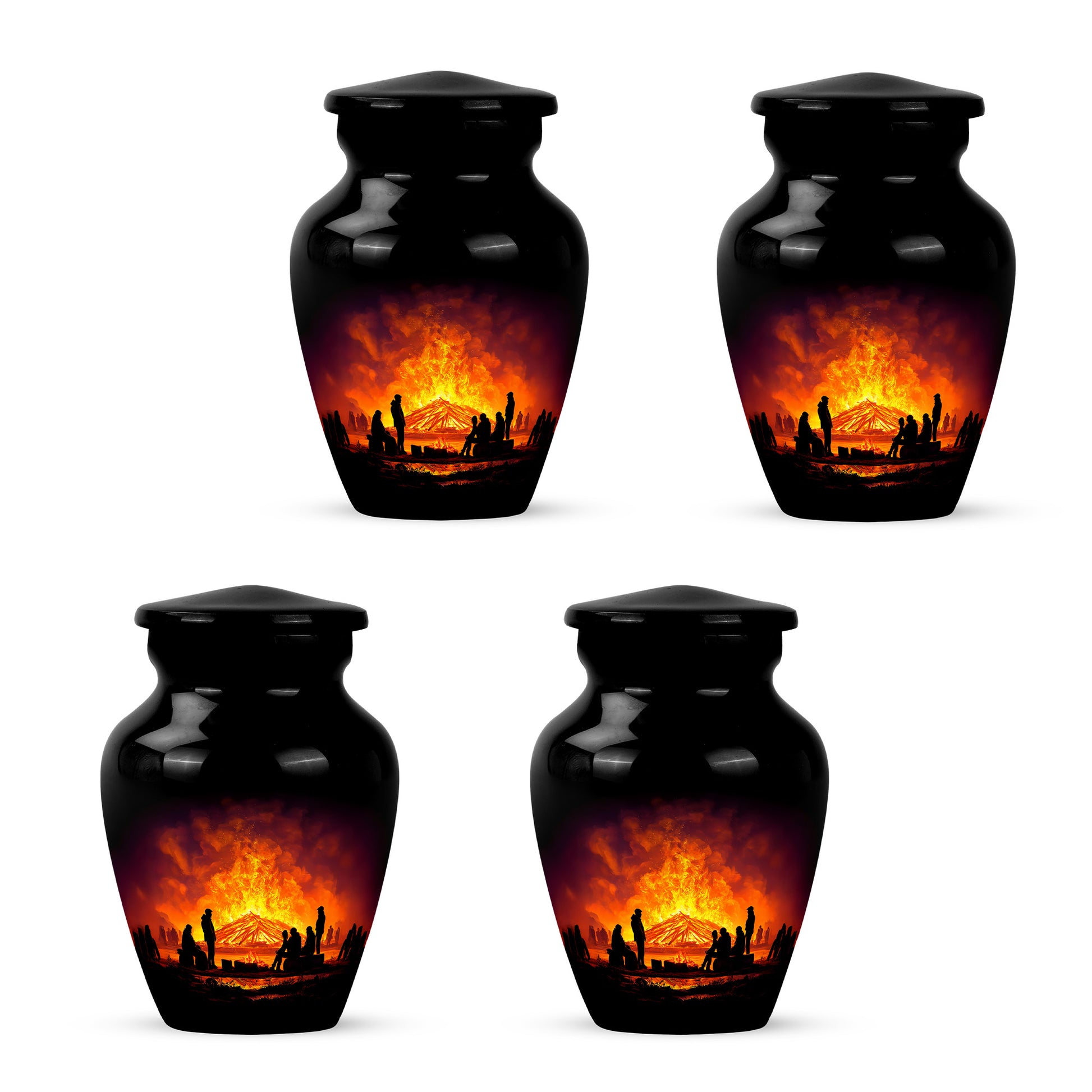 Deep Black Campfire Cremation Urn side profile showing urn shape - classic sculpted campfire pattern on smooth aluminum - 10 inch aluminum urn for cremated remains