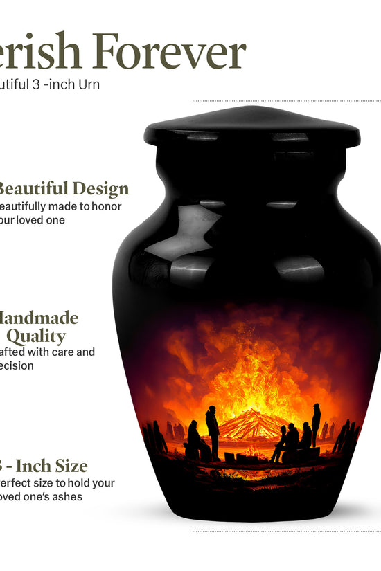 Rich Black Campfire Cremation Urn close-up of engraving and surface detail - timeless campfire motif etched into premium metal - mini keepsake memorial for portion of cremation ashes