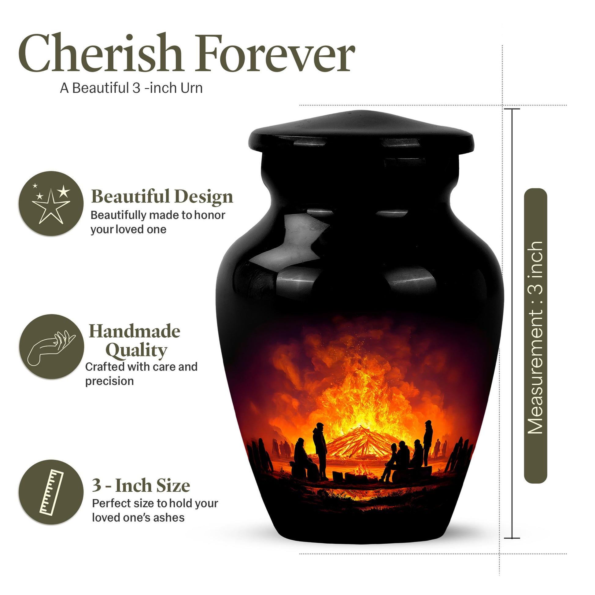 Rich Black Campfire Cremation Urn close-up of engraving and surface detail - timeless campfire motif etched into premium metal - mini keepsake memorial for portion of cremation ashes