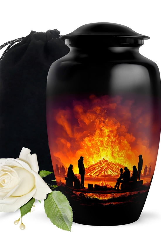 Ebony Campfire Cremation Urn angled view of lid and engraved motif - timeless campfire motif etched into premium metal - full-size 10 inch 200 cubic inch adult cremation urn