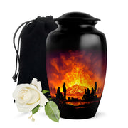 Ebony Campfire Cremation Urn angled view of lid and engraved motif - timeless campfire motif etched into premium metal - full-size 10 inch 200 cubic inch adult cremation urn