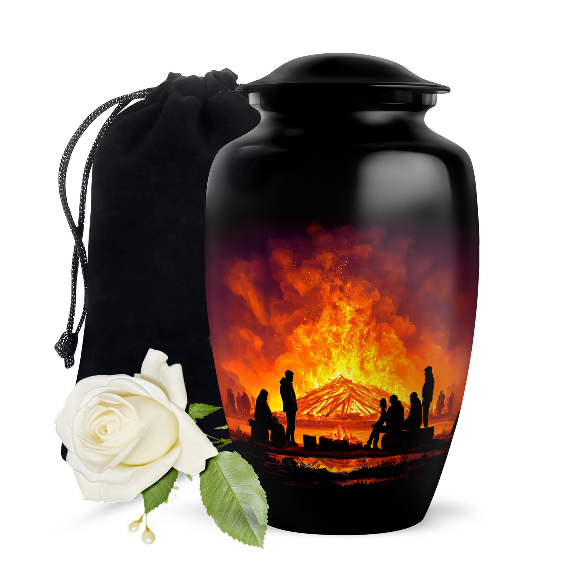 Ebony Campfire Cremation Urn angled view of lid and engraved motif - timeless campfire motif etched into premium metal - full-size 10 inch 200 cubic inch adult cremation urn