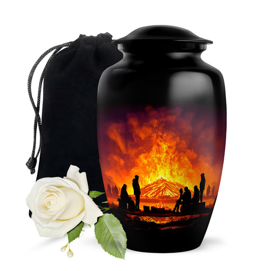 Ebony Campfire Cremation Urn angled view of lid and engraved motif - timeless campfire motif etched into premium metal - full-size 10 inch 200 cubic inch adult cremation urn