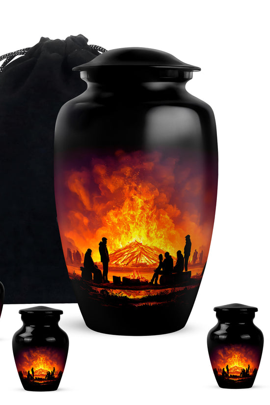 Dark Black Campfire Cremation Urn top-down view of secure threaded lid - elegant classic campfire relief with fine detailing - memorial set with one large and four small urns