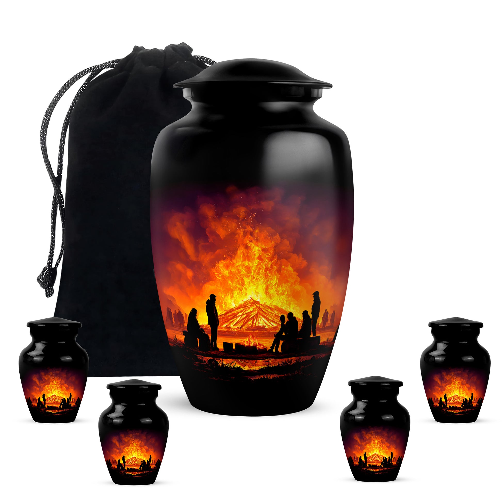 Dark Black Campfire Cremation Urn top-down view of secure threaded lid - elegant classic campfire relief with fine detailing - memorial set with one large and four small urns