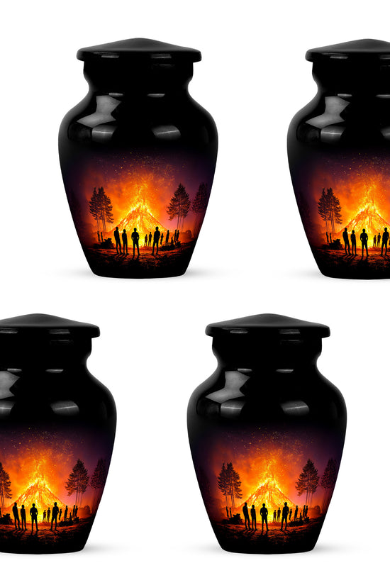 Glossy Black Campfire Cremation Urn side profile showing urn shape - classic sculpted campfire pattern on smooth aluminum - 10 inch aluminum urn for cremated remains