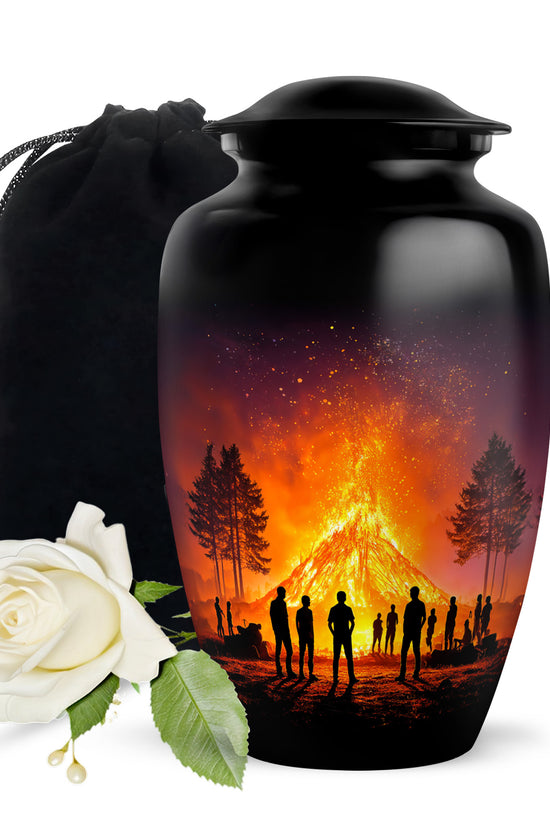 Jet Black Campfire Cremation Urn angled view of lid and engraved motif - timeless campfire motif etched into premium metal - full-size 10 inch 200 cubic inch adult cremation urn