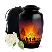 Jet Black Campfire Cremation Urn angled view of lid and engraved motif - timeless campfire motif etched into premium metal - full-size 10 inch 200 cubic inch adult cremation urn