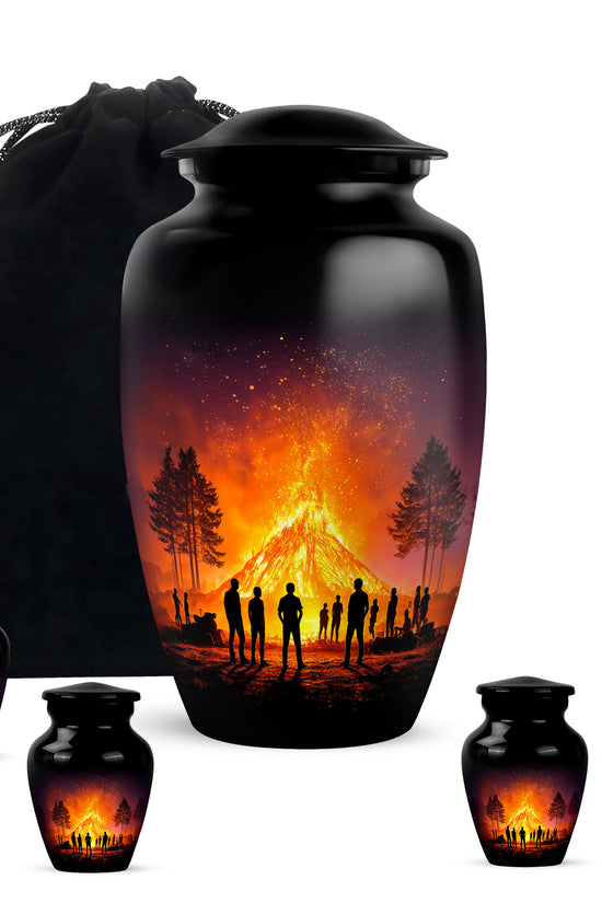Obsidian Black Campfire Cremation Urn top-down view of secure threaded lid - elegant classic campfire relief with fine detailing - memorial set with one large and four small urns