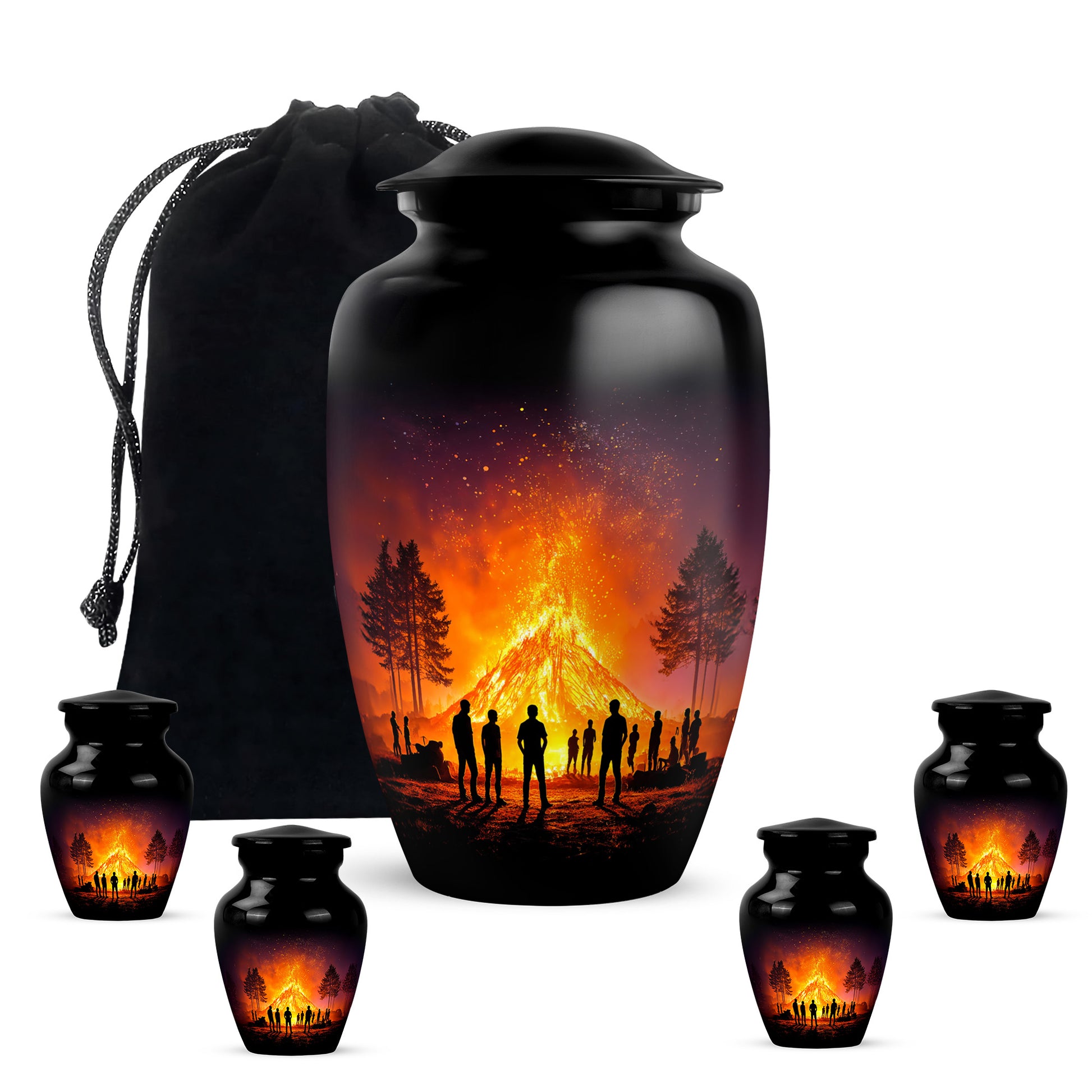 Obsidian Black Campfire Cremation Urn top-down view of secure threaded lid - elegant classic campfire relief with fine detailing - memorial set with one large and four small urns