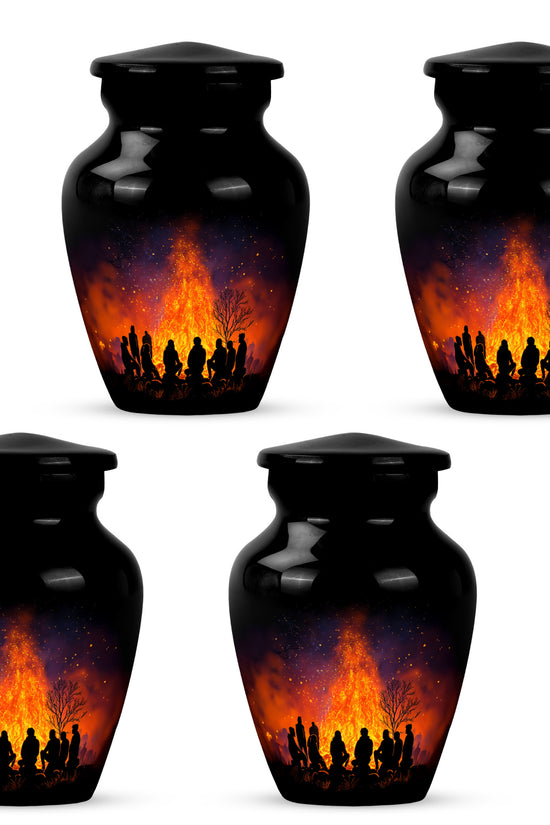 Charcoal Black Campfire Cremation Urn side profile showing urn shape - traditional campfire engraving with hand-polished finish - 10 inch aluminum urn for cremated remains
