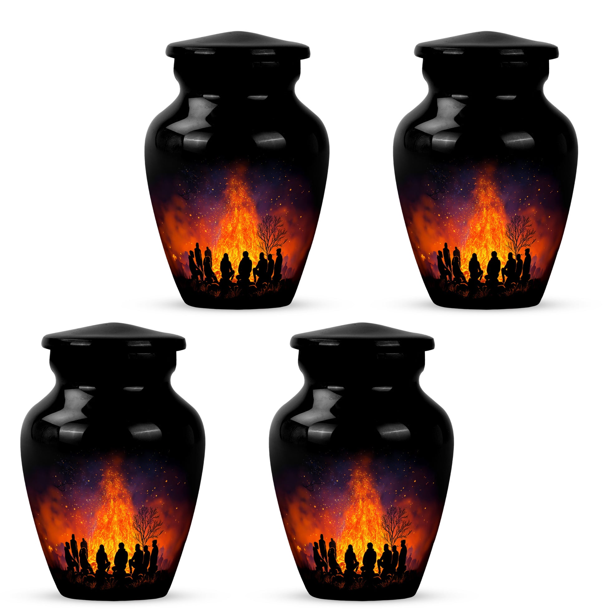 Charcoal Black Campfire Cremation Urn side profile showing urn shape - traditional campfire engraving with hand-polished finish - 10 inch aluminum urn for cremated remains