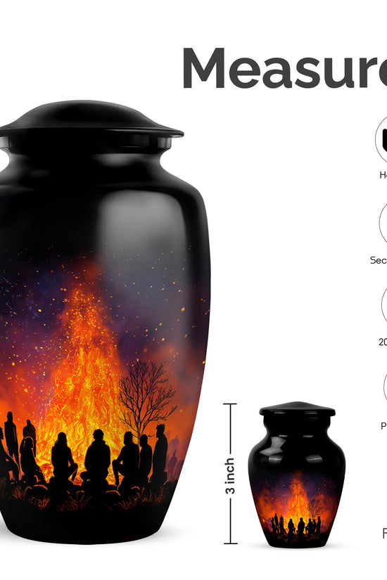 Midnight Black Campfire Cremation Urn close-up of engraving and surface detail - traditional campfire engraving with hand-polished finish - mini keepsake memorial for portion of cremation ashes