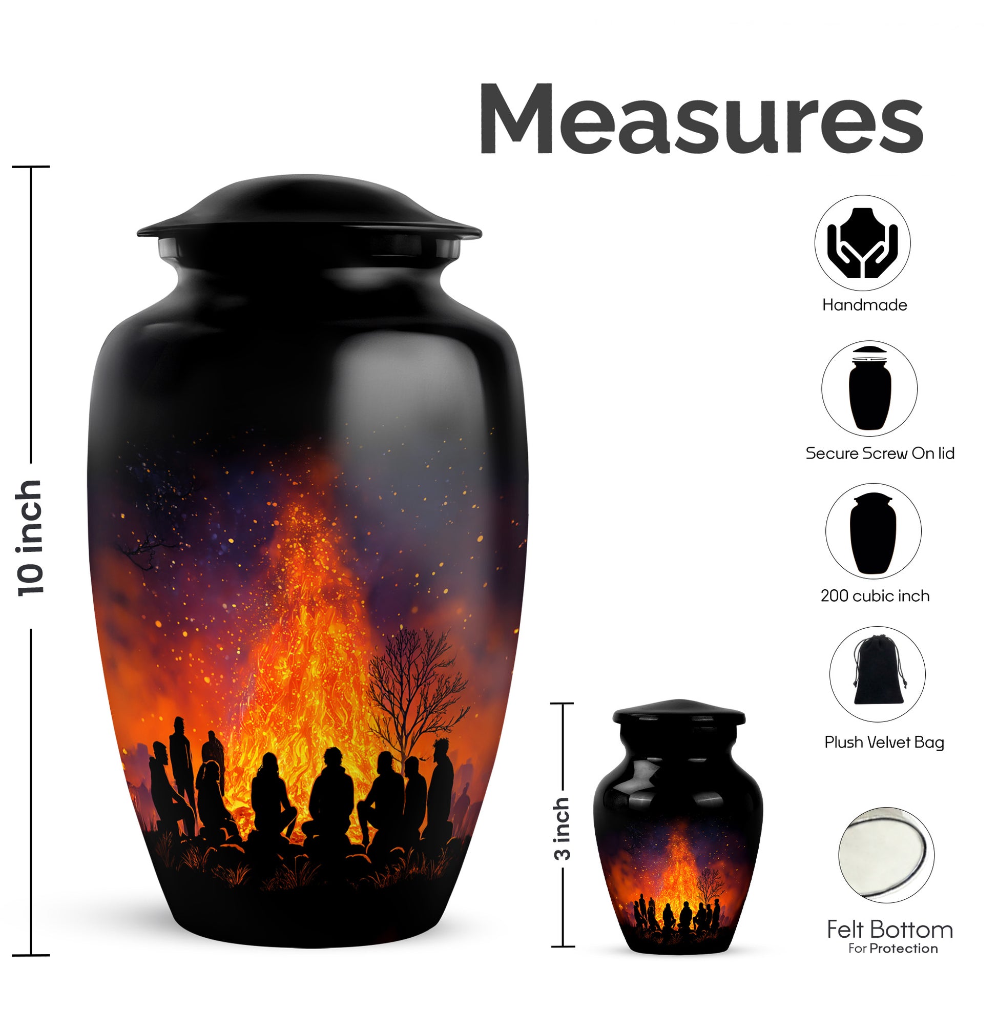 Midnight Black Campfire Cremation Urn close-up of engraving and surface detail - traditional campfire engraving with hand-polished finish - mini keepsake memorial for portion of cremation ashes