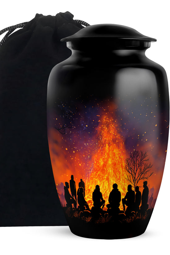 Charcoal Black Campfire Cremation Urn angled view of lid and engraved motif - elegant classic campfire relief with fine detailing - full-size 10 inch 200 cubic inch adult cremation urn