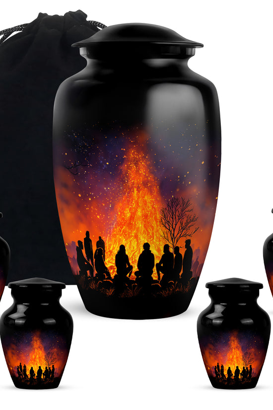 Rich Black Campfire Cremation Urn top-down view of secure threaded lid - classic sculpted campfire pattern on smooth aluminum - memorial set with one large and four small urns