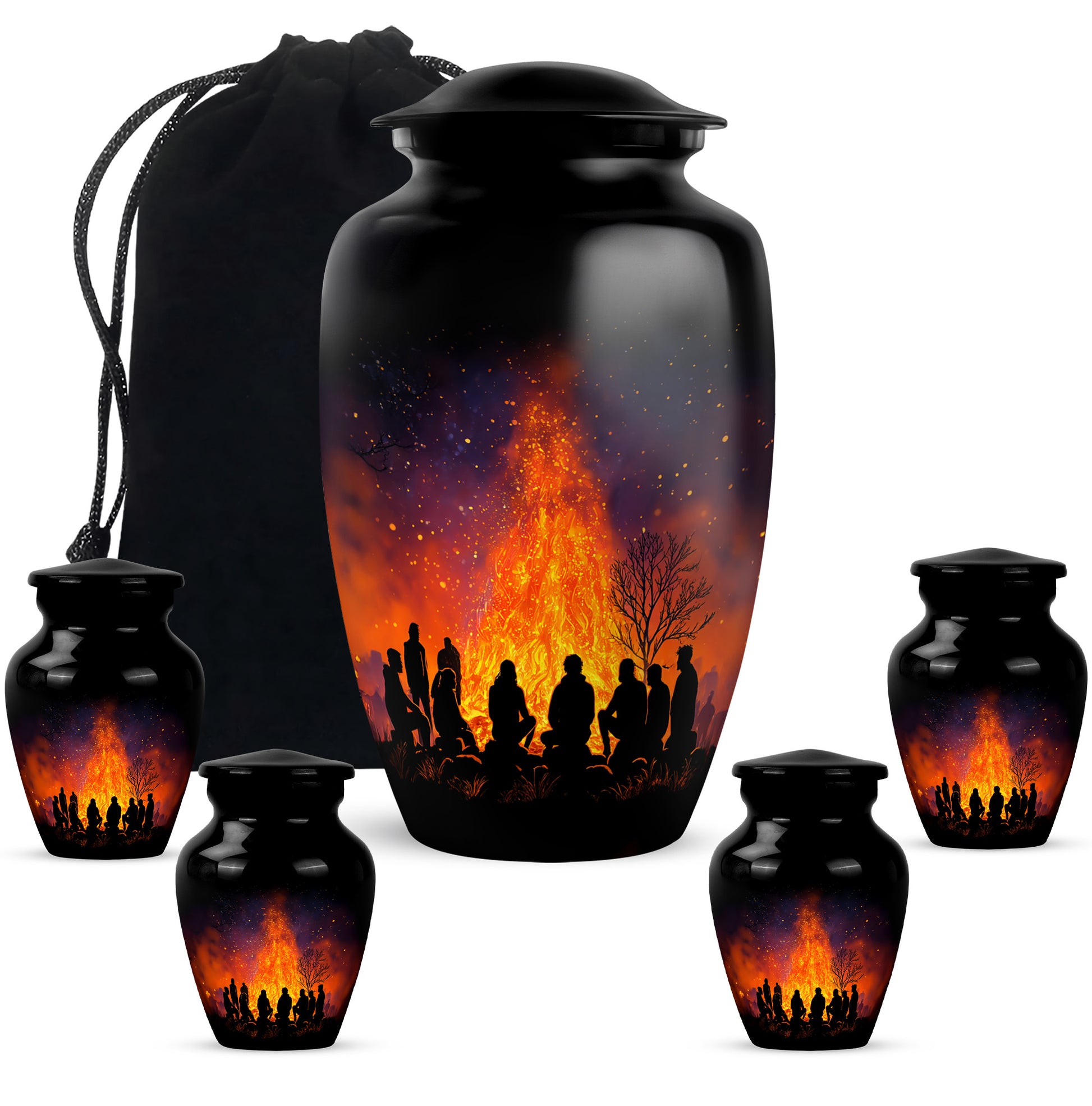 Rich Black Campfire Cremation Urn top-down view of secure threaded lid - classic sculpted campfire pattern on smooth aluminum - memorial set with one large and four small urns