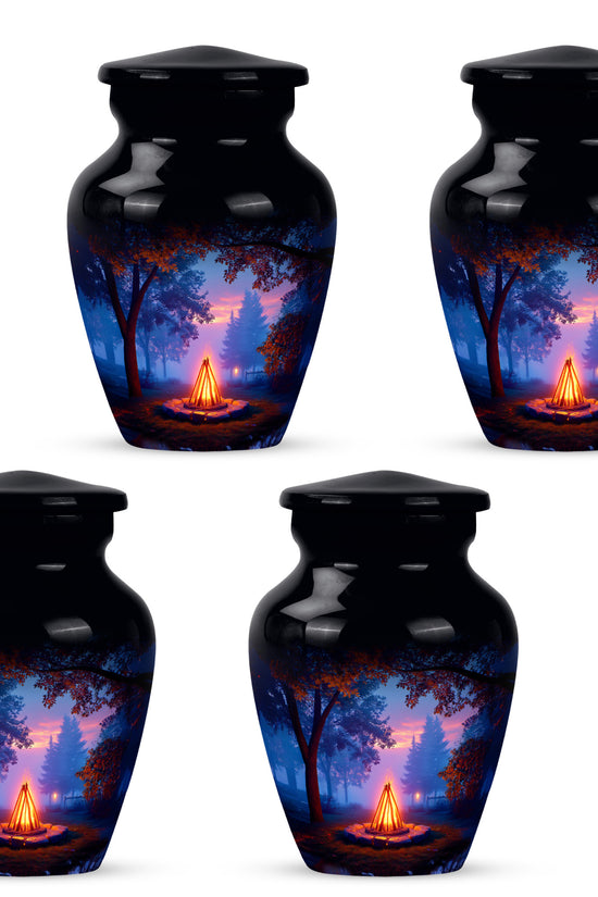 Charcoal Black Campfire Cremation Urn side profile showing urn shape - elegant classic campfire relief with fine detailing - 10 inch aluminum urn for cremated remains
