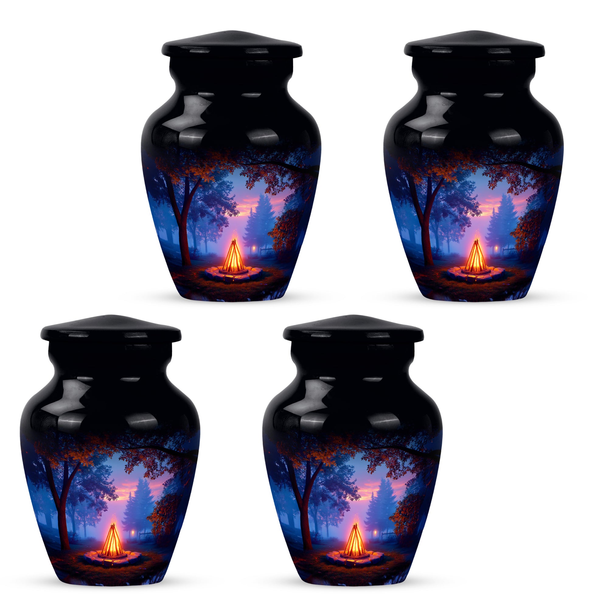 Charcoal Black Campfire Cremation Urn side profile showing urn shape - elegant classic campfire relief with fine detailing - 10 inch aluminum urn for cremated remains