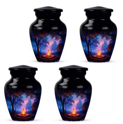 Charcoal Black Campfire Cremation Urn side profile showing urn shape - elegant classic campfire relief with fine detailing - 10 inch aluminum urn for cremated remains