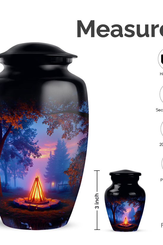 Ebony Campfire Cremation Urn close-up of engraving and surface detail - timeless campfire motif etched into premium metal - mini keepsake memorial for portion of cremation ashes