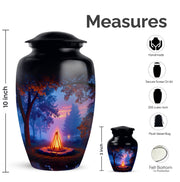 Ebony Campfire Cremation Urn close-up of engraving and surface detail - timeless campfire motif etched into premium metal - mini keepsake memorial for portion of cremation ashes