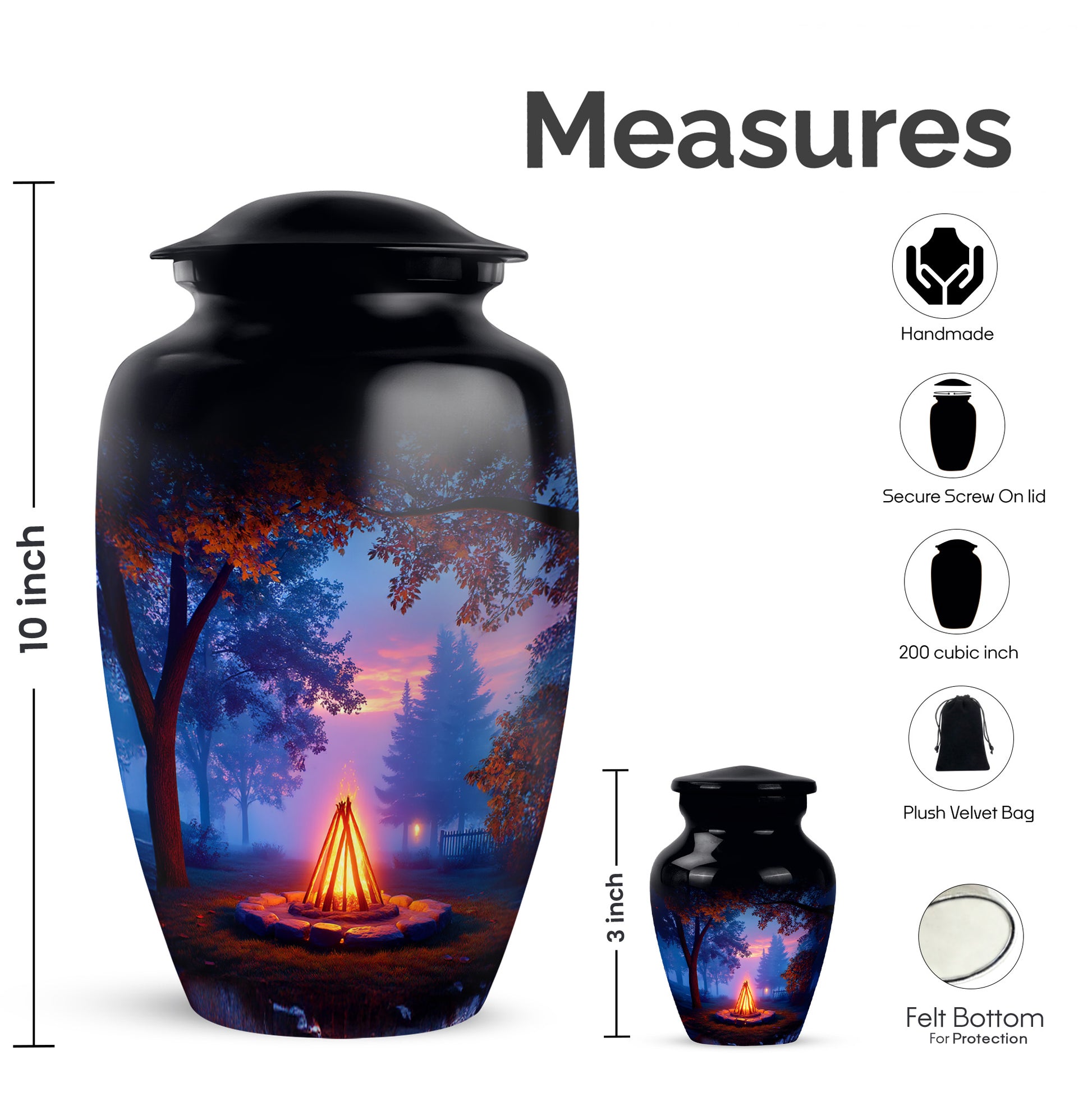 Ebony Campfire Cremation Urn close-up of engraving and surface detail - timeless campfire motif etched into premium metal - mini keepsake memorial for portion of cremation ashes