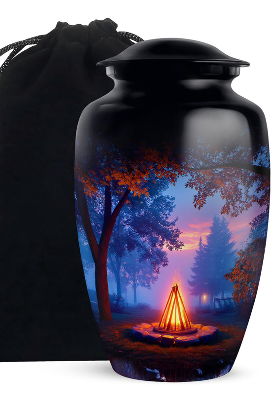 Jet Black Campfire Cremation Urn angled view of lid and engraved motif - classic sculpted campfire pattern on smooth aluminum - full-size 10 inch 200 cubic inch adult cremation urn
