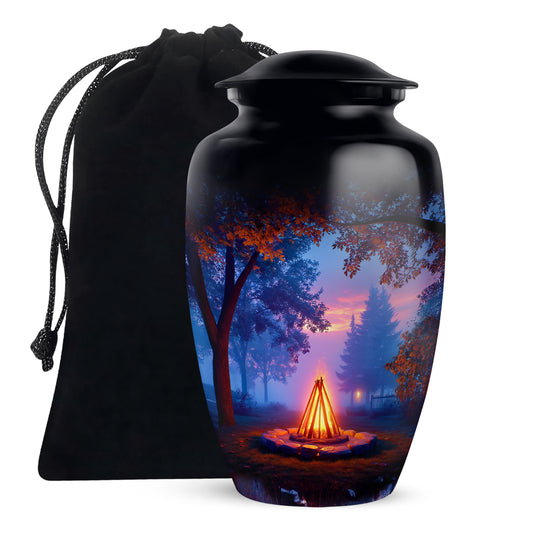 Jet Black Campfire Cremation Urn angled view of lid and engraved motif - classic sculpted campfire pattern on smooth aluminum - full-size 10 inch 200 cubic inch adult cremation urn