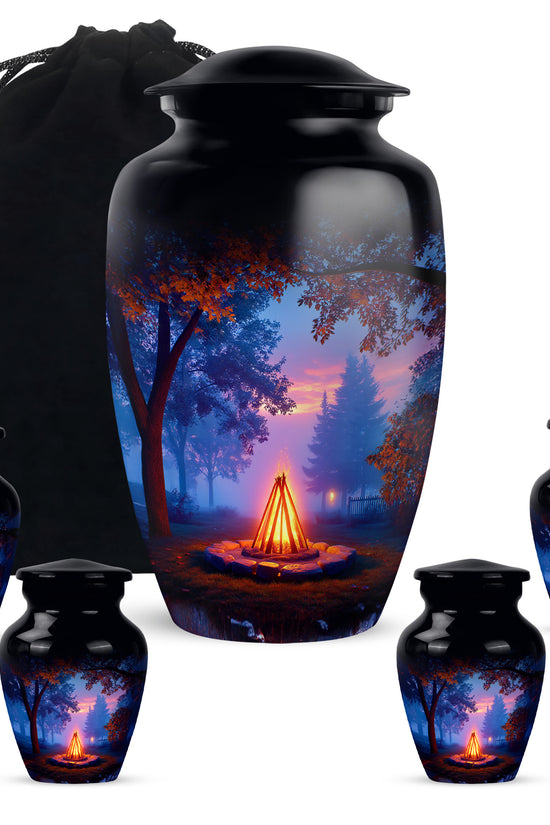 Rich Black Campfire Cremation Urn top-down view of secure threaded lid - classic sculpted campfire pattern on smooth aluminum - memorial set with one large and four small urns