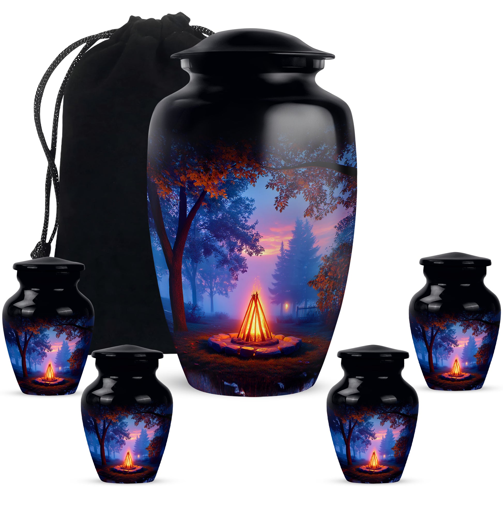 Rich Black Campfire Cremation Urn top-down view of secure threaded lid - classic sculpted campfire pattern on smooth aluminum - memorial set with one large and four small urns