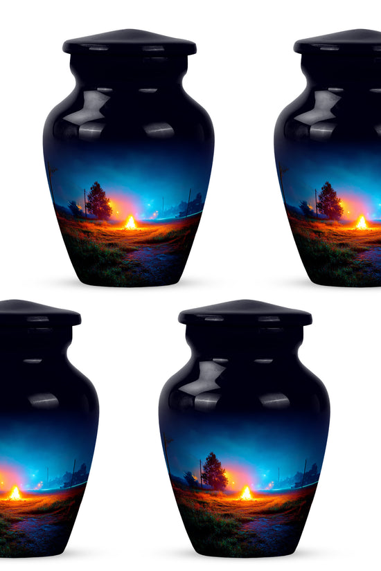 Bright Blue Campfire Cremation Urn side profile showing urn shape - elegant classic campfire relief with fine detailing - 10 inch aluminum urn for cremated remains