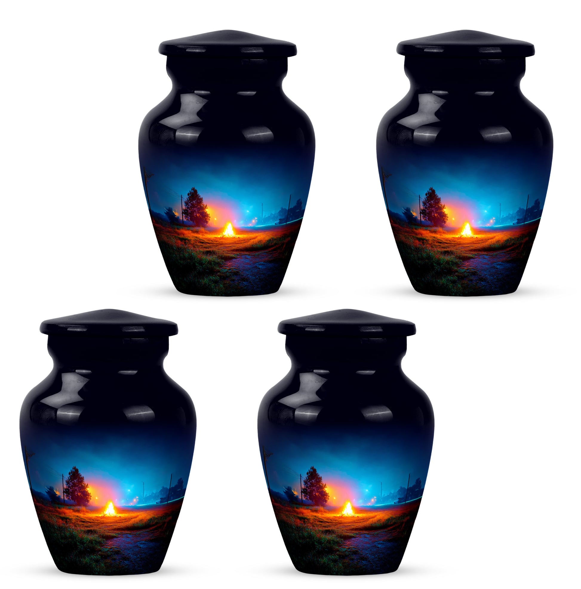 Bright Blue Campfire Cremation Urn side profile showing urn shape - elegant classic campfire relief with fine detailing - 10 inch aluminum urn for cremated remains